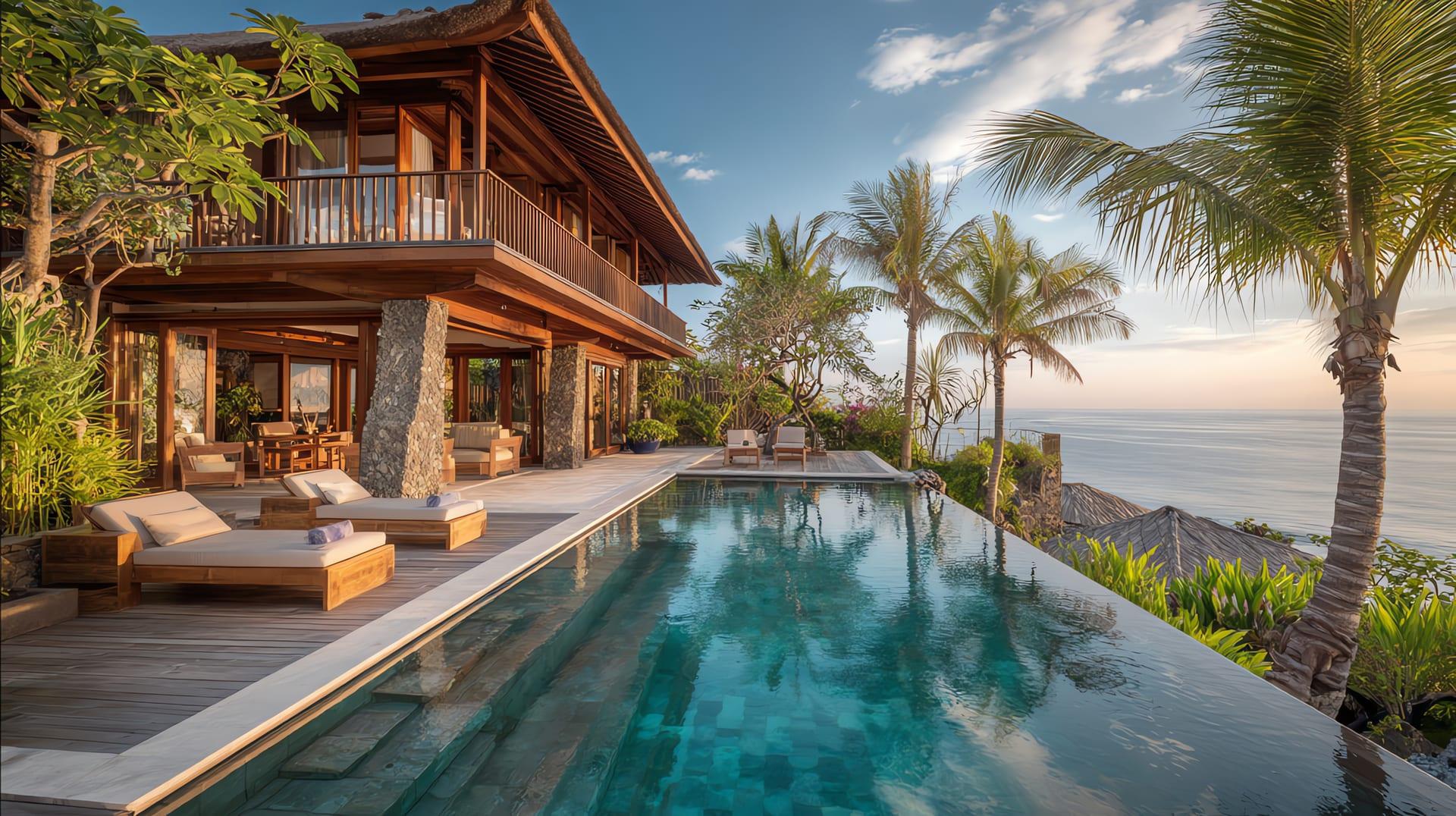 Bali coastline with rice terraces and palm trees